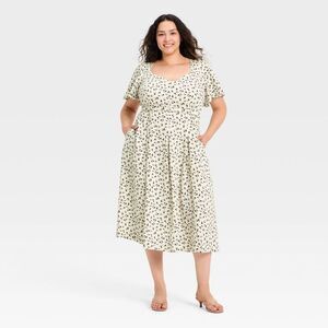 A New Day - Women's Flutter Sleeve Belted Midi Dress - A New D Cream/Black